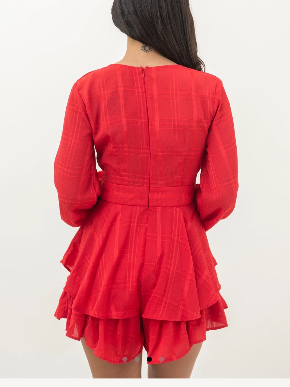 Red V-Neck Tiered romper dress with Waist Tie - Picture 3 of 6